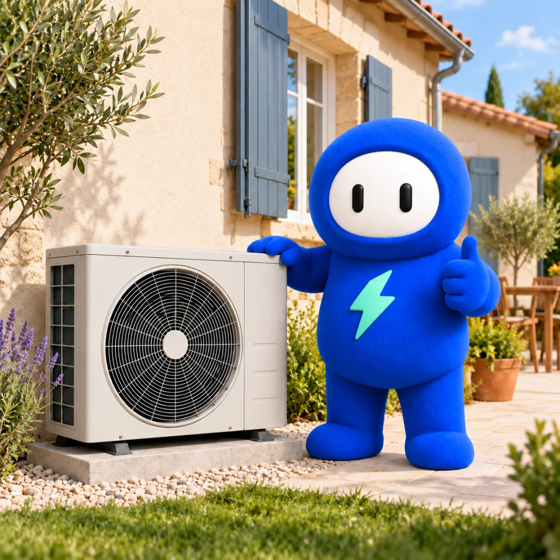 Pompe à chaleur air-eau en façade d’une maison individuelle, avec la mascotte Mr Watt